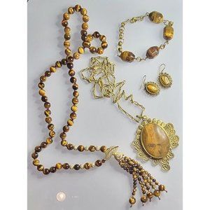 Vintage Estate Tiger's Eye Brass Gold Tone Crystal Necklace Bracelet Earring Lot